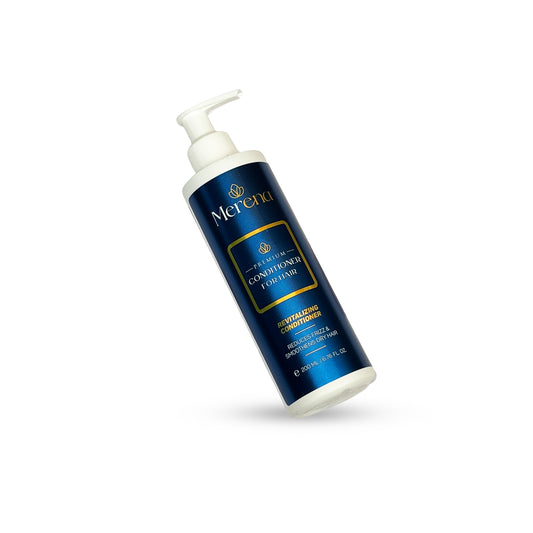 Blue and white bottle of Merena conditioner on a white background