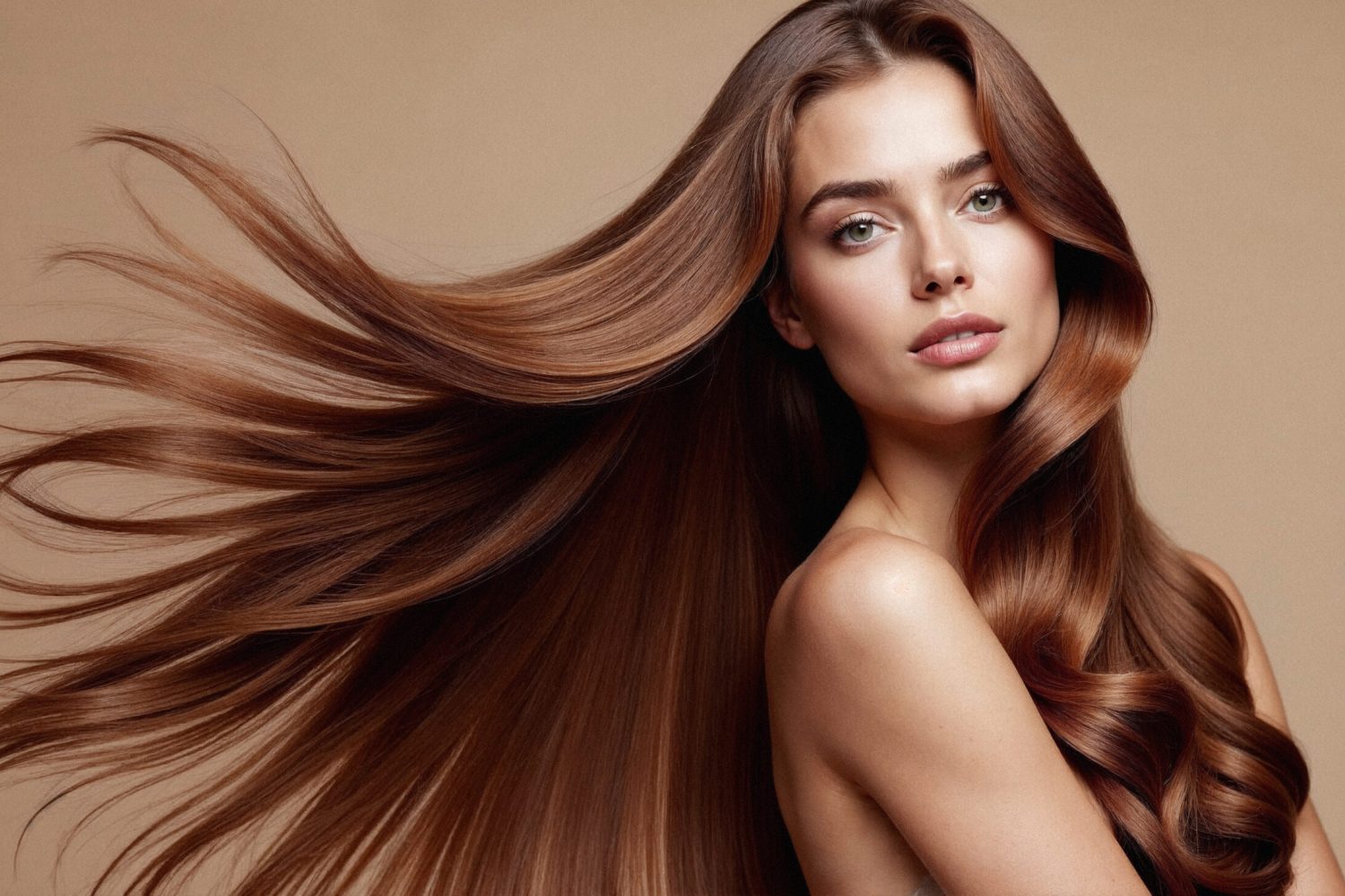 beautiful woman with flowing shiny long brown hair